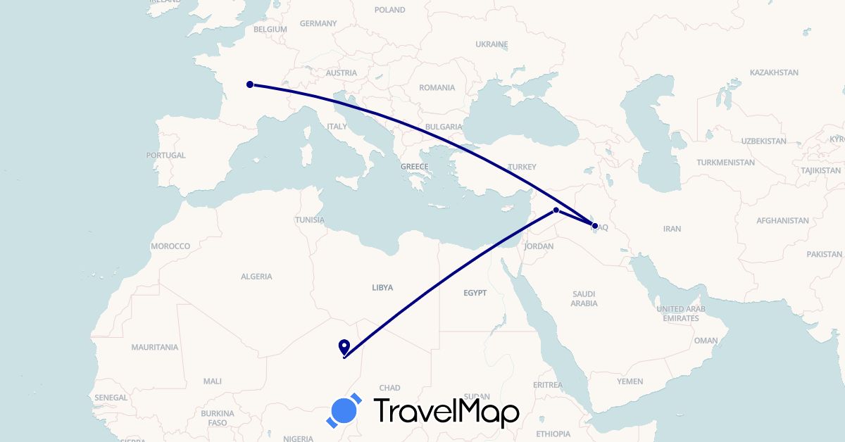 TravelMap itinerary: driving in France, Iraq, Syria (Asia, Europe)
